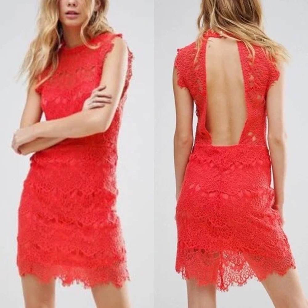Free‎ People Intimately Daydream Bodycon Slip Lace Dress Coral Pink Plunge Back